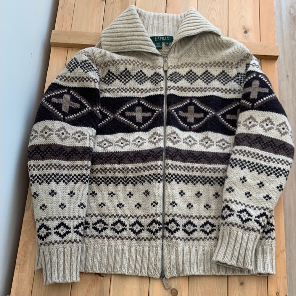 Lauren Ralph Lauren Cream and Brown Zip Up Sweater XL fits Med-Lg